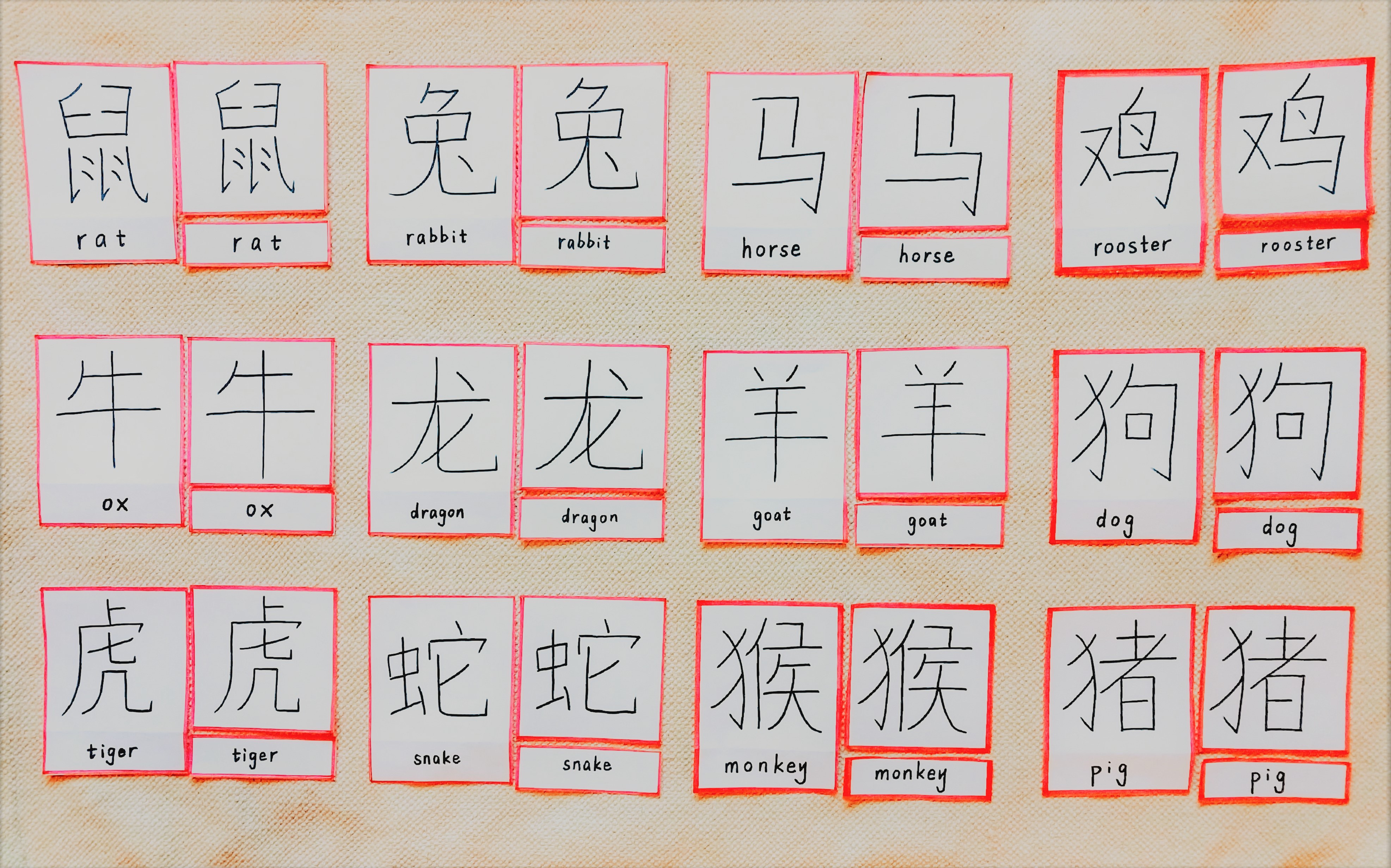 Three-part cards of Chinese zodiac characters